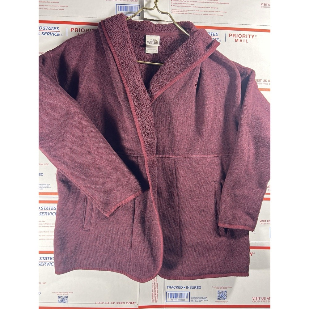The North Face Women "Crescent Hooded wrap Sweater" XS burgundy Jacket Cardigan